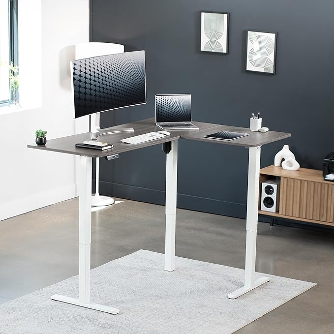 VIVO Electric Corner L-Shaped 63 x 47 in Standing Desk, Memory Height Adjustment, Dark Gray Top White Frame, DESK-E3CTWG-47-DeskLoop Office