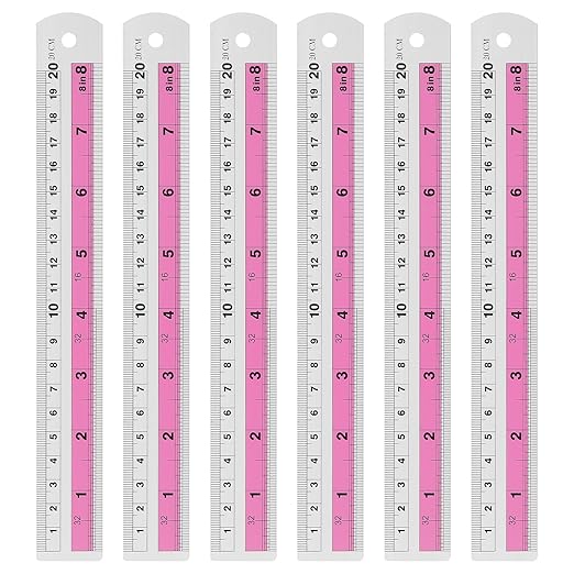 HARFINGTON 6pcs Metal Straight Ruler 20cm Metric SAE Aluminum Alloy Measuring Rulers Scale Tools with Hole for Measure Study Reading Classroom Office, Pink-DeskLoop Office