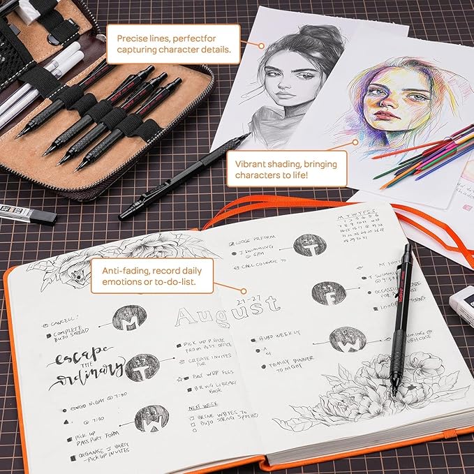 Nicpro 33PCS Black Metal Mechanical Pencil Set in Leather Case, Art Drafting Pencil 0.3, 0.5, 0.7, 0.9 mm, 2mm Lead Holders for Sketching Drawing with 18 Tube (6B 4B 2B HB 2H 4H Colors) Lead Refills-DeskLoop Office