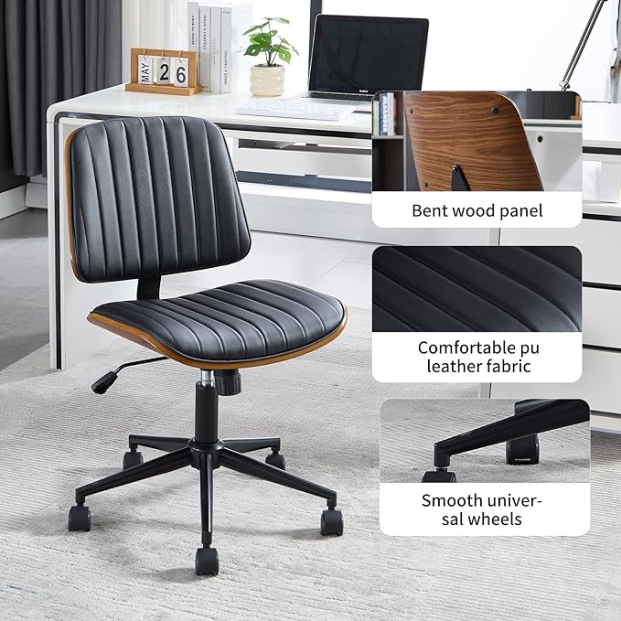 Small Home Office Chair - Armless Mid Back Desk Chair with 360° Swivel and Wheels, PU Upholstered Height Adjustable Modern Walnut Computer Chair for Home, Office Meeting Room - White-DeskLoop Office