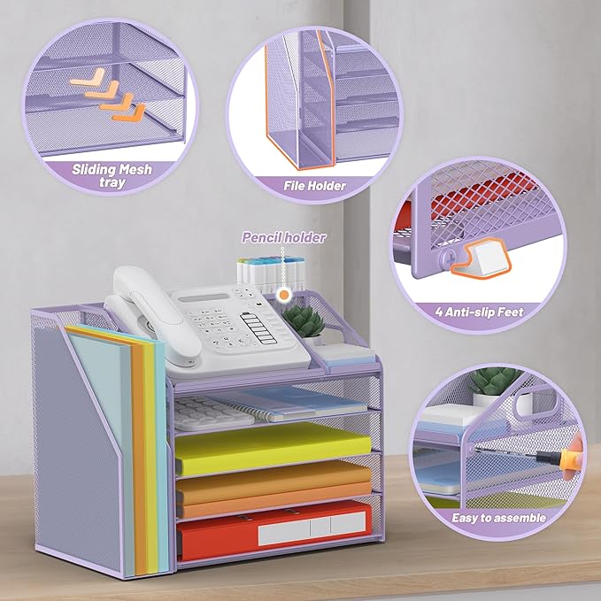 DocNest 5 Tier Paper Letter Tray File Organizer, Mesh Desk File with Handle, Workspace Desk Organizers with Pen Holder, Office Organization Storage Accessories - Purple-DeskLoop Office