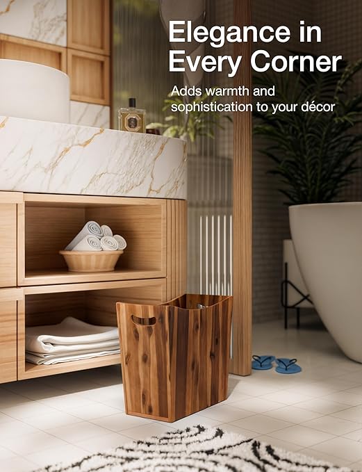 3 Gallons Rectangular Wastebaskets - Acacia Wood Waste Basket with Handles - Small Trash Can for Bathroom - Brown Garbage Bin for Spa Bathroom Decorative, Kitchen Counter, Living Room (Walnut)-DeskLoop Office