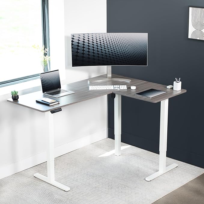 VIVO Electric Corner L-Shaped 63 x 47 in Standing Desk, Memory Height Adjustment, Dark Gray Top White Frame, DESK-E3CTWG-47-DeskLoop Office