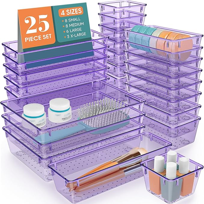 WOWBOX 25 PCS Plastic Drawer Organizer Set, Desk Drawer Divider Organizers and Storage Bins for Makeup, Jewelry, Gadgets for Kitchen, Bedroom, Bathroom, Office, Clear Purple-DeskLoop Office