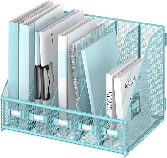 SUPEASY Desk Organizers Metal Desk Magazine File Holder with 5 Vertical Compartments Rack File Organizer for Office Desktop, Home Workspace, Blue-DeskLoop Office