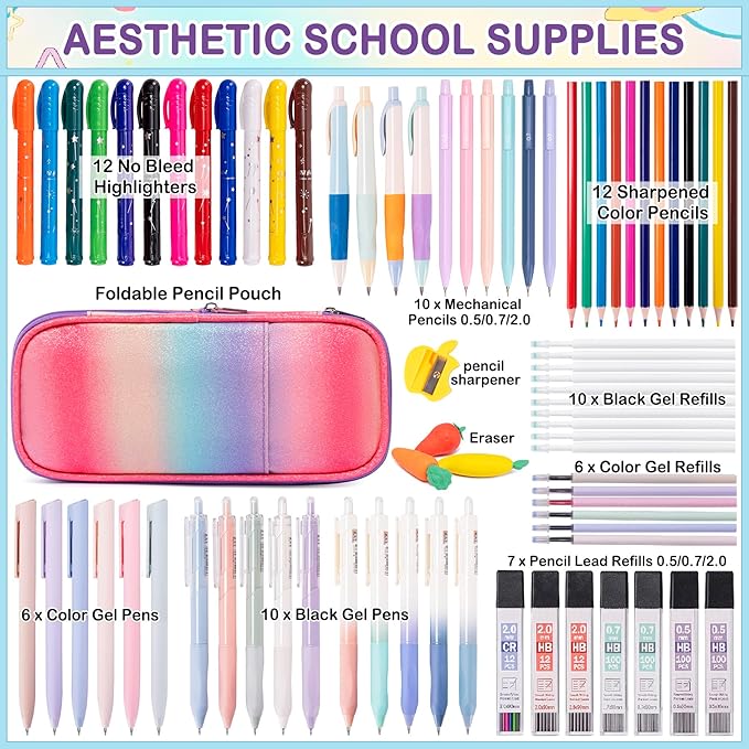78 PCS Aesthetic School Set for Girls - Pen Case, Pastel Highlighters, 16 Pens, 10 Mechanical Pencils, 12 Sharpened Colored Pencils, 452 Refills - Cute Christian Journaling & Drawing Kit for Teens-DeskLoop Office