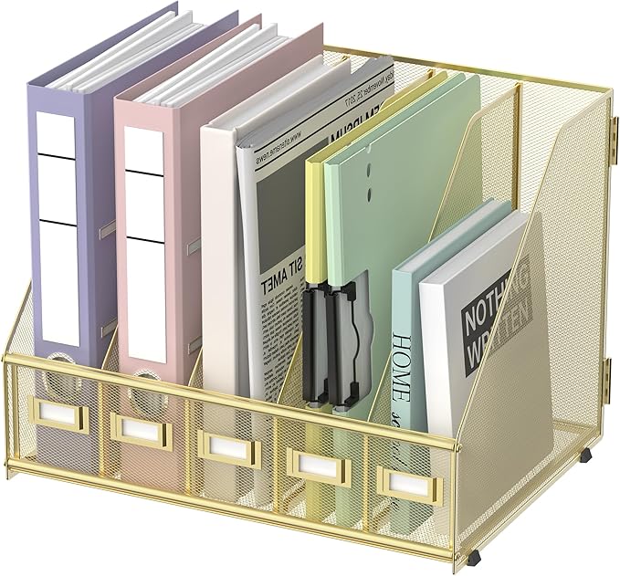 SUPEASY Desk Organizers Metal Desk Magazine File Holder with 5 Vertical Compartments Rack File Organizer for Office Desktop, Home Workspace, Gold Plus-DeskLoop Office