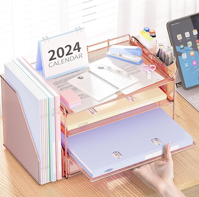 Desk Organizer and Accessories, 4-Tier Desktop File Organizer with Drawer and 2 Pen Holders, Office Desk Accessories for Office Supplies(Rose Gold)-DeskLoop Office