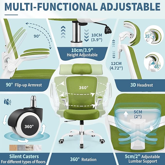 FelixKing Ergonomic Office Chair, Adjustable Lumbar Support, Swivel Chair with HighBack and Armrest, Adjustable Height Gaming Chair, Avocado Green-DeskLoop Office