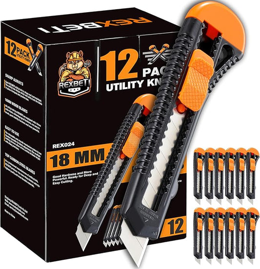 REXBETI 12-Pack Utility Knife, Retractable Box Cutter for Cartons, Cardboard and Boxes, 18mm Wider Razor Sharp Blade, Smooth Mechanism, Perfect for Office and Home use-DeskLoop Office