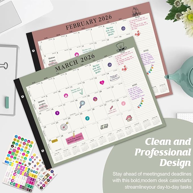 Gannyfer Desk Calendar 2025-2026, Large 18 Monthly Calendar 2025 22" x 17", July 2025 - Dec 2026, Academic Desktop Pad Calendar with To-Do List and Notes, Plastic Cover, Thick Paper, for Planning and Organizing(6 Stickers)-DeskLoop Office