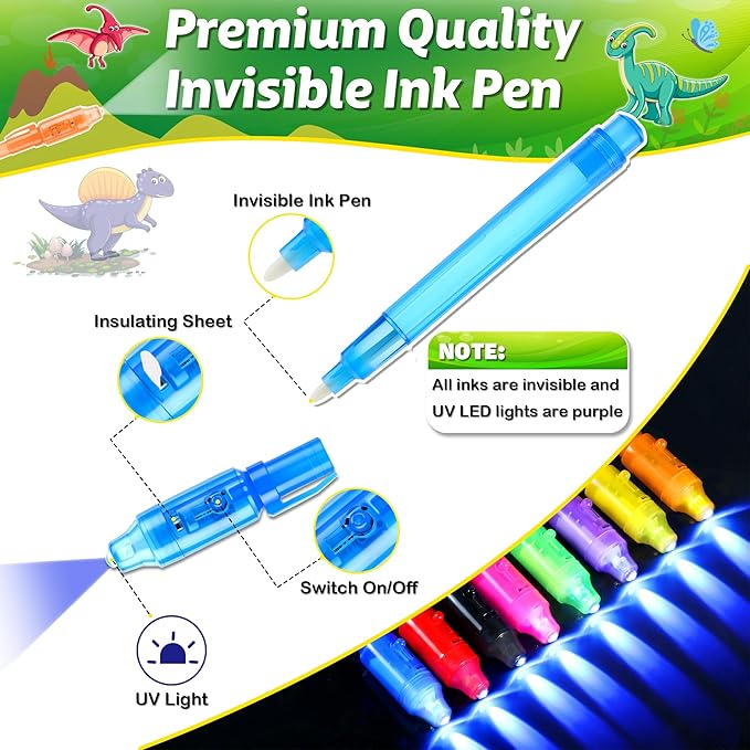 Invisible Ink Pens with UV light for Kids, Spy Pen Dinosaur Party Favors for Kids 8-12, 24Pack Invisible Ink Pen and Notebook, Magic Marker for Secret Message Birthday Party Favors for Kid 4-8-DeskLoop Office