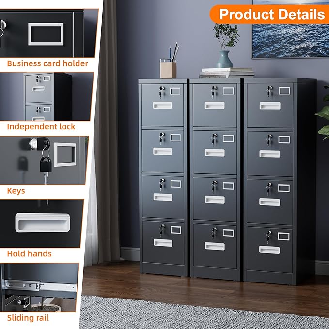 4 Drawer Metal Vertical File Cabinet with 4 Independent Locks, Home Office File Cabinet with Card Holder for Letter/Legal/A4 Folders, Black Filing Cabinet, Assembly Required, 4 Drawers-DeskLoop Office