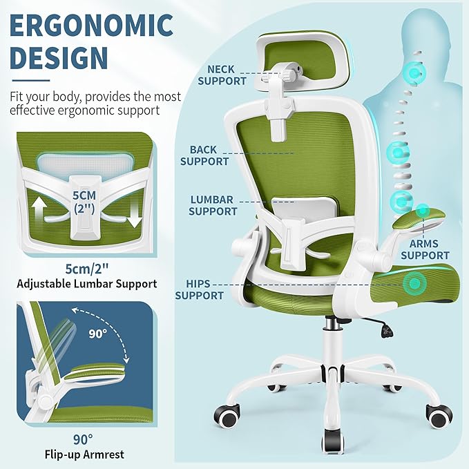FelixKing Ergonomic Office Chair, Adjustable Lumbar Support, Swivel Chair with HighBack and Armrest, Adjustable Height Gaming Chair, Avocado Green-DeskLoop Office