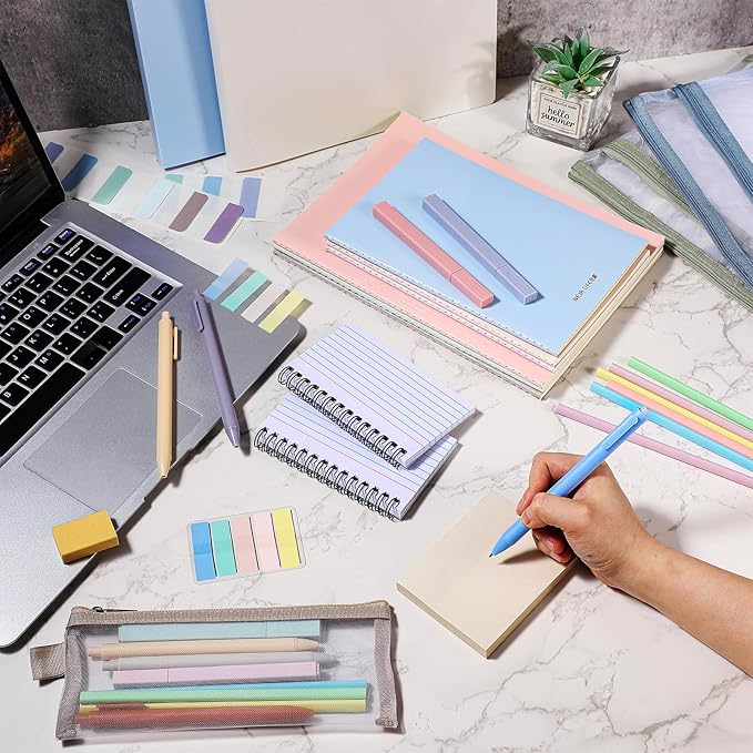 Colarr 54 Pieces Aesthetic School Supplies Including Pastel Highlighters Document Bags Pencils Notebooks Pencil Pouch Ink Pens Sticky Notes Erasers Back to School Gift Stationary Kit Supplies(Morandi)-DeskLoop Office