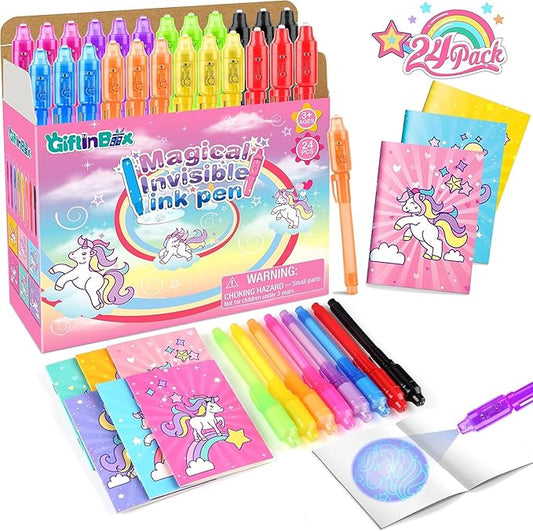 GIFTINBOX Unicorn Party Favors for Kids 4-8, 24Pack Invisible Ink Pen and Notebook, Invisible Ink Spy Pen with UV light for Kids, Classroom Prize Goodie Bag Stuffers Unicorn Toys for Kids Girls-DeskLoop Office