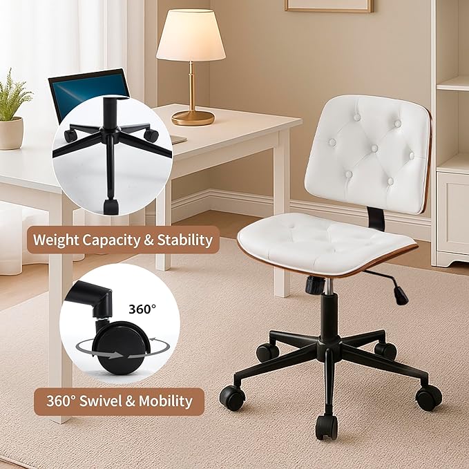 Small Home Office Chair – Adjustable Height, Armless PU Leather Mid-Back Desk Chair with Swivel Wheels, Walnut Finish, Perfect for Study or Bedroom, White-DeskLoop Office