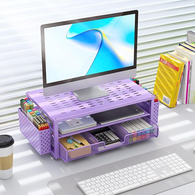 gianotter Desk Organizers and Accessories, Monitor Stand with Drawer and 2 Pen Holder, Purple Desk Accessories, Computer Stand Suitable for Offices and Dormitories (Purple)-DeskLoop Office