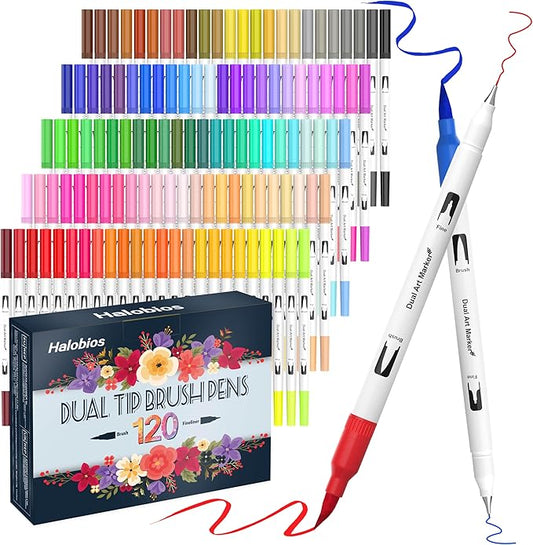120 Color Dual Tips Brush Pens, Fine and Brush Tip Markers with Swatch Card for Adult Coloring, Art Markers Set for Journaling Calligraphy Drawing Sketching Doodling Illustrating-DeskLoop Office