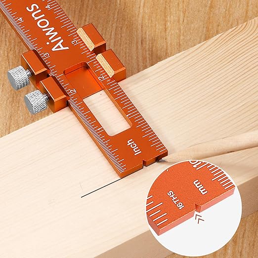 Woodworking Ruler Pocket Rule -12/8/6 Inch Precision Pocket Ruler with 45°& 30°Metal Slide Stop - Wood Marking Ruler Metric Inch Measuring Scribing Rulers - Aluminum Alloy Square Ruler-DeskLoop Office