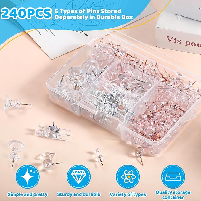 240Pcs Clear Thumb Tacks,5 Style Thumbtacks, Clear Plastic Push Pins for Cork Board, Bulletin Boards, Wall-DeskLoop Office