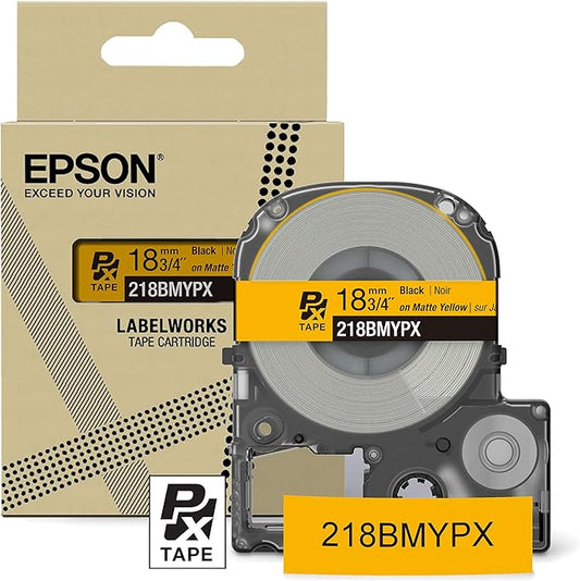 Epson LABELWORKS 218BMYPX Genuine PET (Polyester) Tape Cartridge - Black on Matte Yellow Designer Craft Label Maker Tape - 3/4" (18MM) Wide, 26'-DeskLoop Office