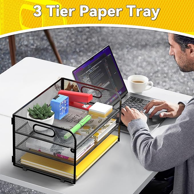 3-Tier Paper Letter Organizer Tray with Handle, Mesh Desk File Organizer for Office, Home, School - 2 Pack, Black-DeskLoop Office