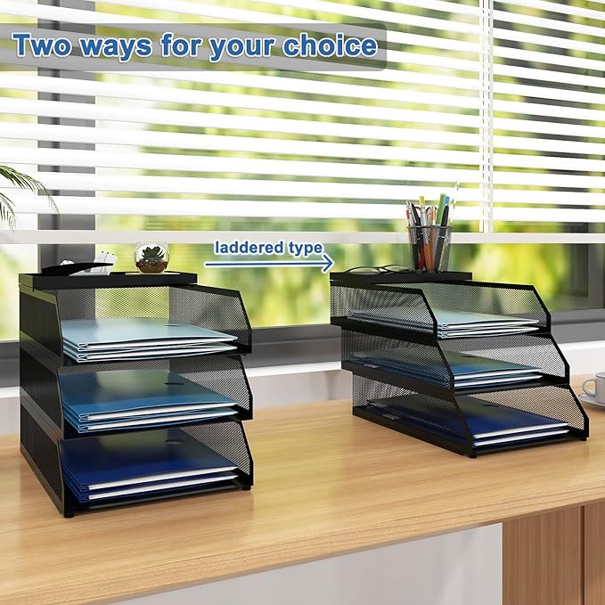 Natwind 3-Tier Stackable Paper Tray, Metal Mesh Desktop Organizer, Paper Sorter, Letter Trays,File Document Storage Rack for for Home, Office, School (Black)-DeskLoop Office
