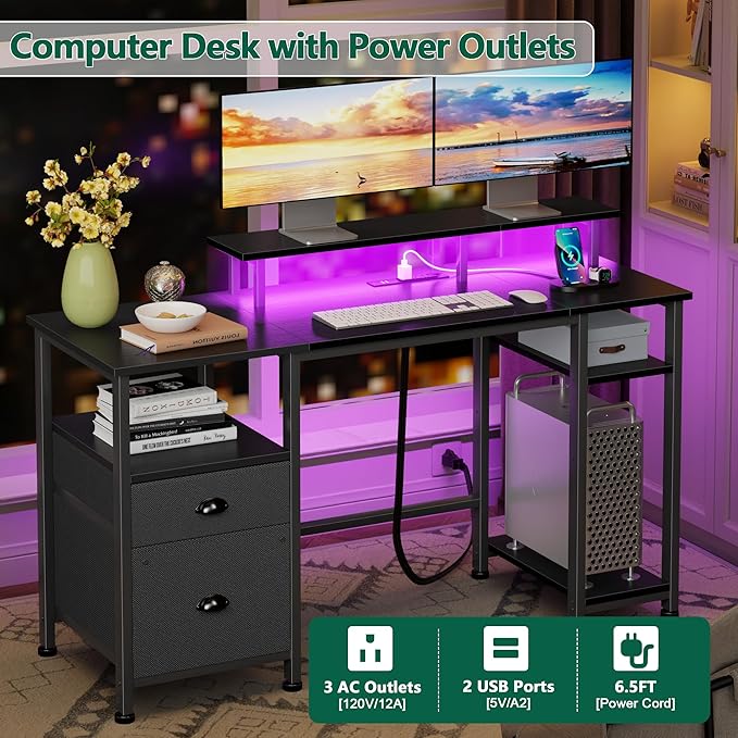 Furologee 51" Gaming Desk with Power Outlets & LED Lights, Reversible Computer Desk with File Cabinet & Monitor Stand for Home Office, Large Work Table with Storage Shelves & Drawer, Black-DeskLoop Office