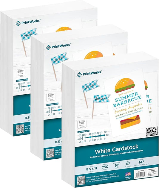 PrintWorks White Cardstock 8.5" x 11" - 67 lb/147 gsm Vellum Bristol - 750 Sheets - Made in the USA - SFI® Certified - 92 Bright - Card Stock Printer Paper for School, Craft, & Office Use (00564C)-DeskLoop Office