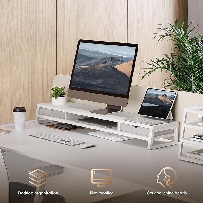 Fenge Dual Monitor Stand, Monitor Riser with Drawer, 42.5 Inch Large Computer Monitor Stand for 2 Monitors, 2 Tier Wooden Desk Shelf for Top of Desk-DeskLoop Office