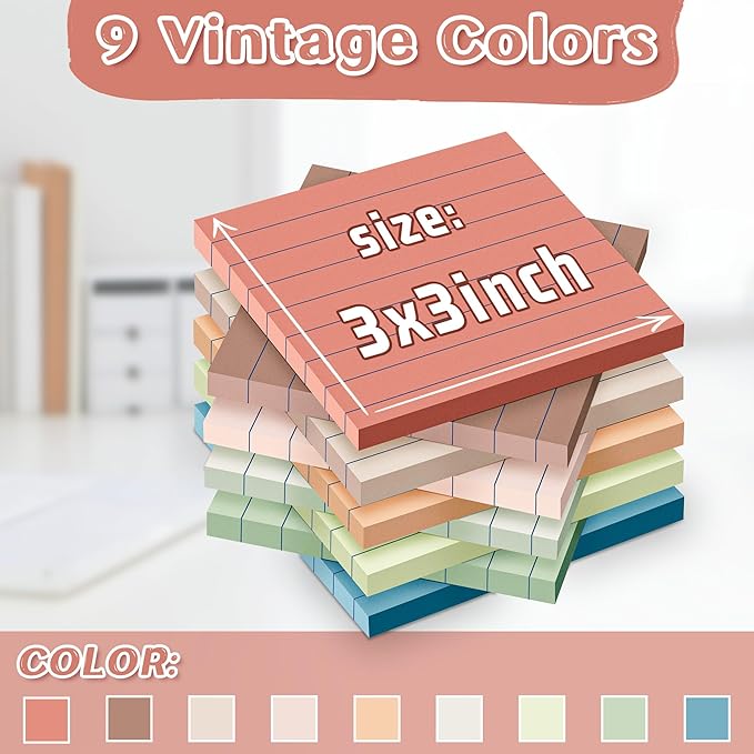(18 Pack) Lined Sticky Notes 3x3 in Post, Vintage Colors, Sticky Pads, Strong Adhesive, Recyclable, Self-Stick Pads, Easy to Post for Home, Office, Notebook-DeskLoop Office