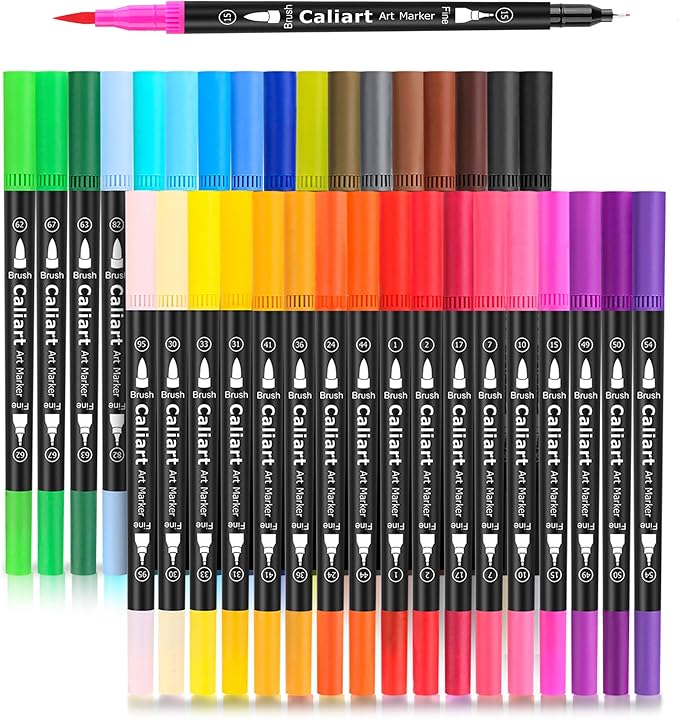 Caliart 34 Double Tip Brush Pens Art Markers, Aesthetic Cute Preppy Stuff School Supplies, Artist Fine & Brush Pen Coloring Markers for Kids Adult Book Cards Drawing Craft Kit Teacher Office Supplies-DeskLoop Office