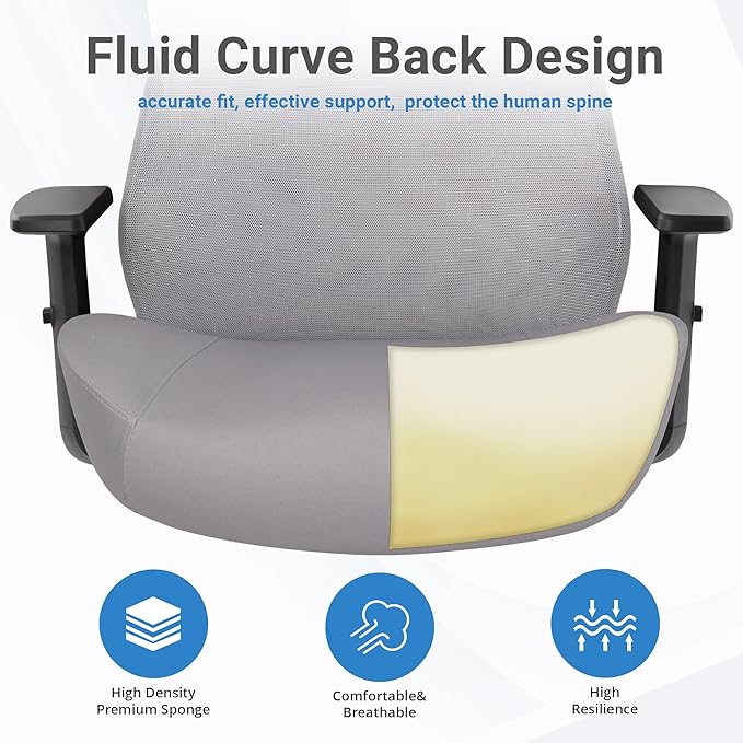 HYLONE Office Chair, 5" Thickened Seat Ergonomic Desk Chair with Adjustable Armrests, Home Office Computer Chairs for Long Hours Mesh Executive Chair(Black Base&Grey)-DeskLoop Office