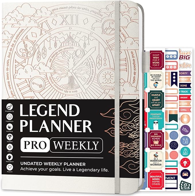 Legend Planner PRO – Deluxe Weekly & Monthly Life Planner to Increase Productivity and Hit Your Goals. Time Management Organizer Notebook – Undated – 7 x 10" Hardcover + Stickers – White-DeskLoop Office