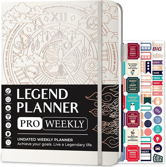 Legend Planner PRO – Deluxe Weekly & Monthly Life Planner to Increase Productivity and Hit Your Goals. Time Management Organizer Notebook – Undated – 7 x 10" Hardcover + Stickers – White-DeskLoop Office