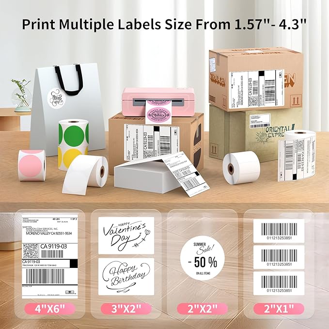 Bluetooth Thermal Shipping Label Printer, 4X6 Inkless Label Machine for iOS, Android, Laptop, Wireless Printer for Small Business, Compatible with Amazon, UPS, Shopify, Pink-DeskLoop Office
