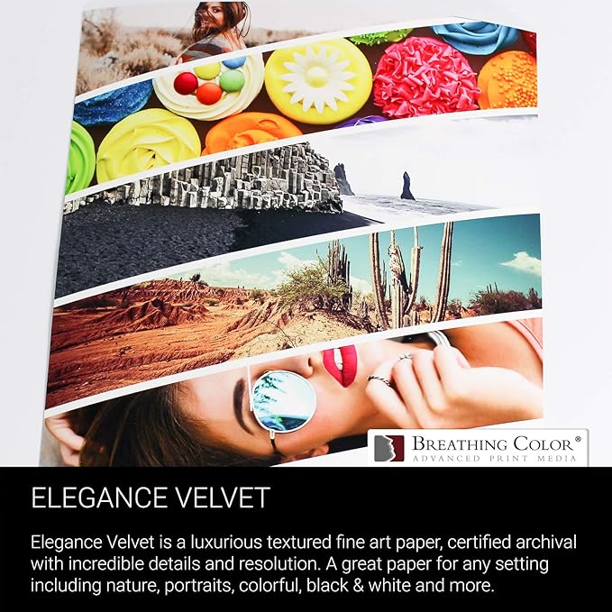 Elegance Velvet 17 in x 40 ft roll is a Premium Matte 310 gsm, Cold Pressed Bright White Museum Grade Fine Art Inkjet Paper, Compatible with Most Dye-Based and Pigment Printers