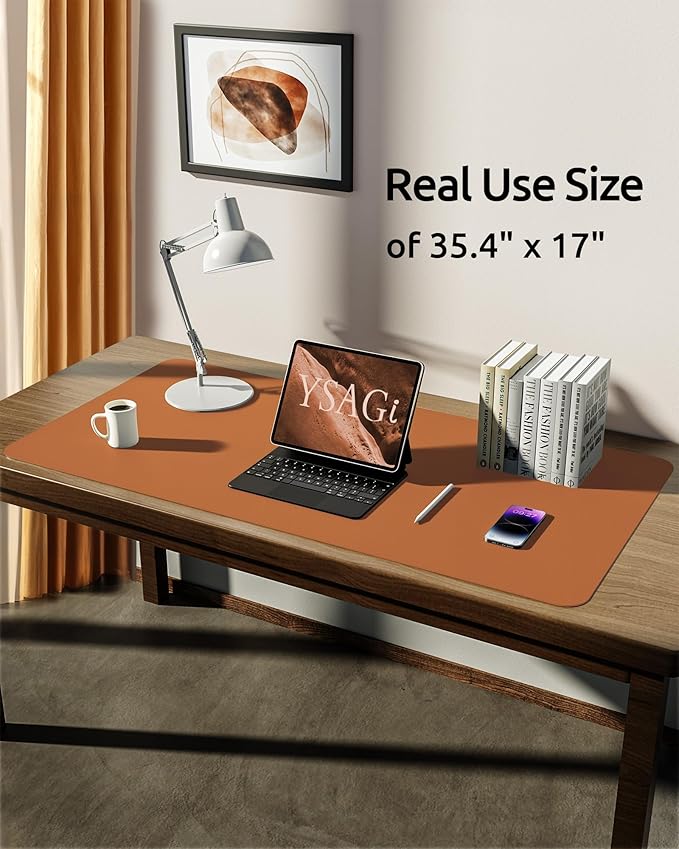 YSAGi Leather Desk Protector, Office Mat, Large Mouse Mat, Non-Slip PU Leather Blotter, Laptop Desk Mat, Waterproof Writing Pad for Office and Home (Brown, 35.4" x 17")-DeskLoop Office
