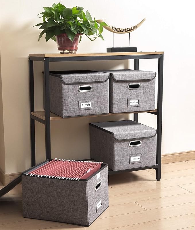 PRANDOM File Organizer Box - Set of 4 Collapsible Decorative Linen Filing Storage Hanging File Folders with Lids Office Cabinet Letter Size (15x12.2x10.75 inch)-DeskLoop Office