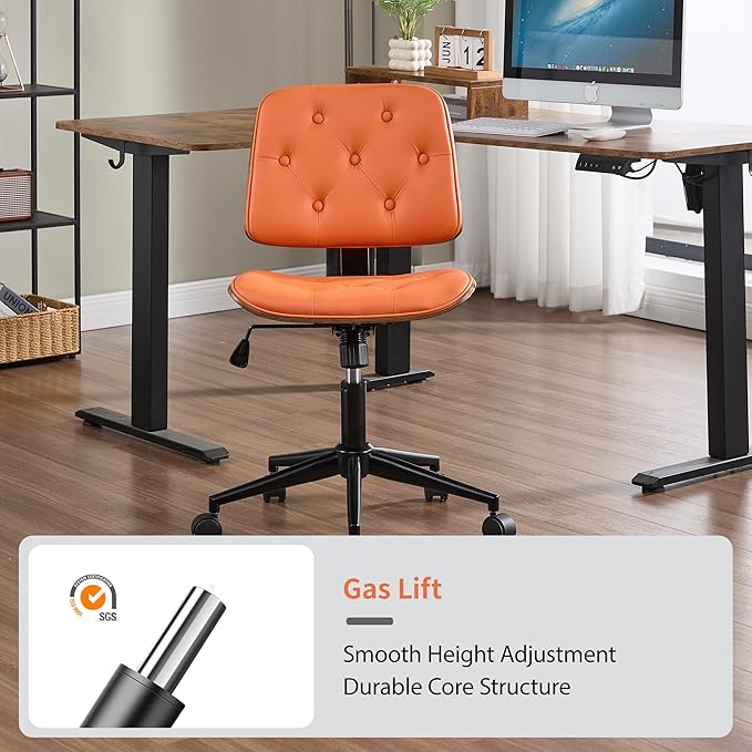 Small Home Office Chair - Armless Mid Back Desk Chair with 360° Swivel and Wheels, PU Upholstered Height Adjustable Modern Walnut Computer Chair for Home, Office Meeting Room - Orange-DeskLoop Office