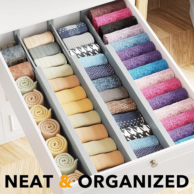 SpaceAid Bamboo Dresser Drawer Dividers 6 Pack, 4.65“ High Adjustable 17“-22” Drawer Organizers, Expandable Organization for Clothing, Clothes, Dressers, Gray-DeskLoop Office