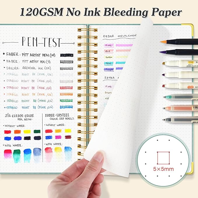 Bullet Dotted Journal Spiral Notebook, 300 Pages Leather Notebooks with Contens, 120 GSM Thick No Bleed Through Paper Journals, A5 Dot Grid Notebook for Women Men School Work Writing, 5.5" x 8", Black-DeskLoop Office