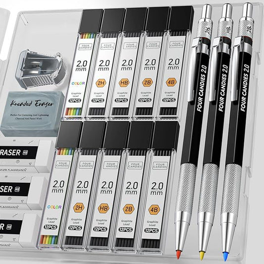 Four Candies 3PCS 2MM Mechanical Pencils with case, Artist Led Pencil Metal Lead Holder with 120 Graphite Lead Refills(HB 2H 2B 4B Color), 4 Erasers, Sharpener, Drafting Pencil for Drawing, Sketching-DeskLoop Office