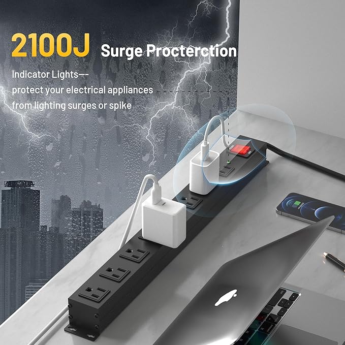 KF 8 Outlet Heavy Duty Power Strip Surge Protector, 2100J Surge Protection Metal Power Strip, 15A/1875W Mountable Power Strips with Upgraded Switch, 14AWG 6FT Extension Cord, Black-DeskLoop Office