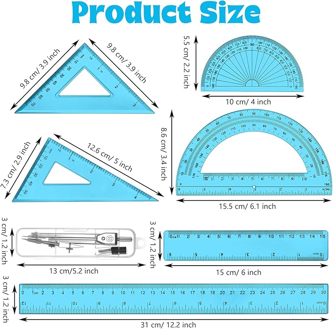 Zonon 1 Set Plastic Geometry Math Set Includes Drawing Compass, 6 Inch 4 Inch Protractor, 45/60 Degree Triangle Rulers 12 Inch 6 Inch Math Ruler Transparent for Office Supplies(Blue)-DeskLoop Office