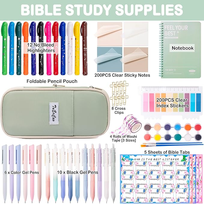 No Bleed Bible Highlighter Pen Set Study Supplies for Women - Pencil Pouch,12 Highlighters with 75 Tabs, 16 Gel Pens ( Black & Color Ink ) Notebook - Bible Journaling Catholic Christian Gift, Green-DeskLoop Office