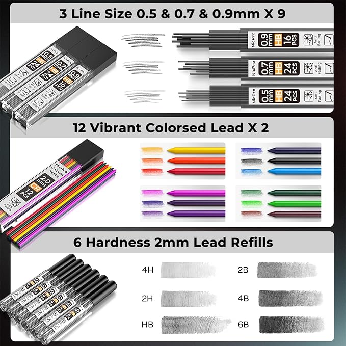 Nicpro 37PCS Art Mechanical Pencil Set, Metal Drafting Pencils 0.5 mm, 0.7 mm, 0.9 mm & 2mm Lead Pencil Holder (6B 4B 2B HB 2H 4H Colors) For Sketching Drawing With 20 Tube Lead Refills Eraser Case-DeskLoop Office