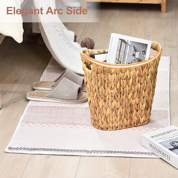FairyHaus Wicker Trash Can with Handles, Natural Water Hyacinth Wicker Waste Basket, Handwoven Wicker Trash Basket for Bathroom Bedrooms, 13" L x 7.5" W x 12.2" H-DeskLoop Office