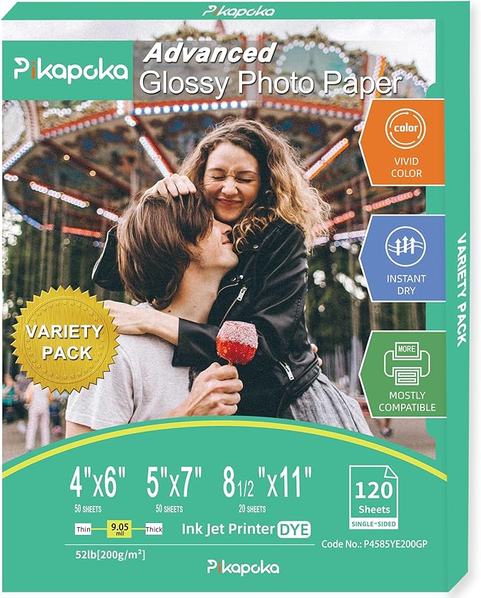 Glossy Photo Paper 4x6, 5x7, 8.5x11, 120 Variety Pack Bulk, Assorted Sizes, Inkjet printer, 52lb/200gsm-DeskLoop Office